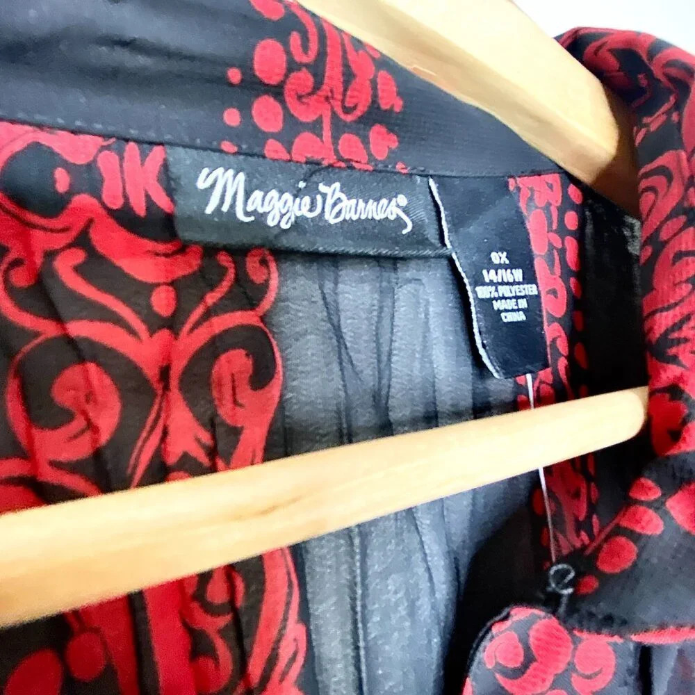 NWT Maggie Barnes Red Black Crinkle Sheer Crepe Button Up Top 0X 14/16 - Picture 7 of 9